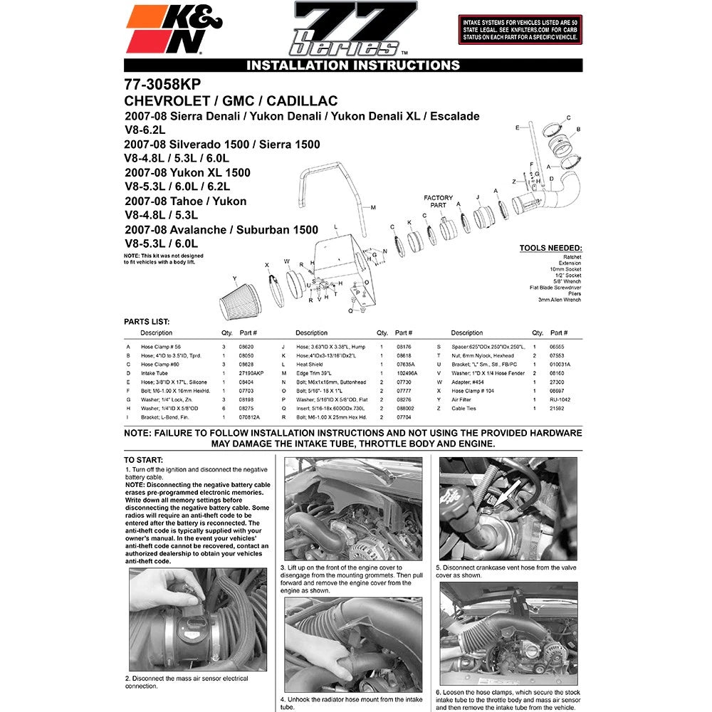 K&N 07-08 Chevy/GMC/Cadillac V8-4.8/5.3/6.0/6.2 High Flow Performance Kit