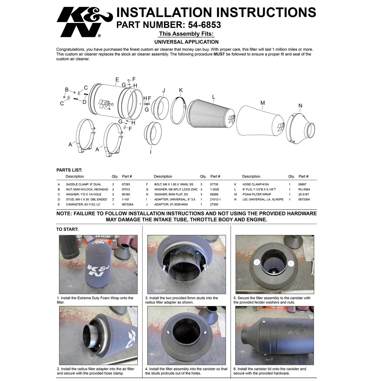 K&N Universal Off-Road Air Intake (Replaces 85-6853)
