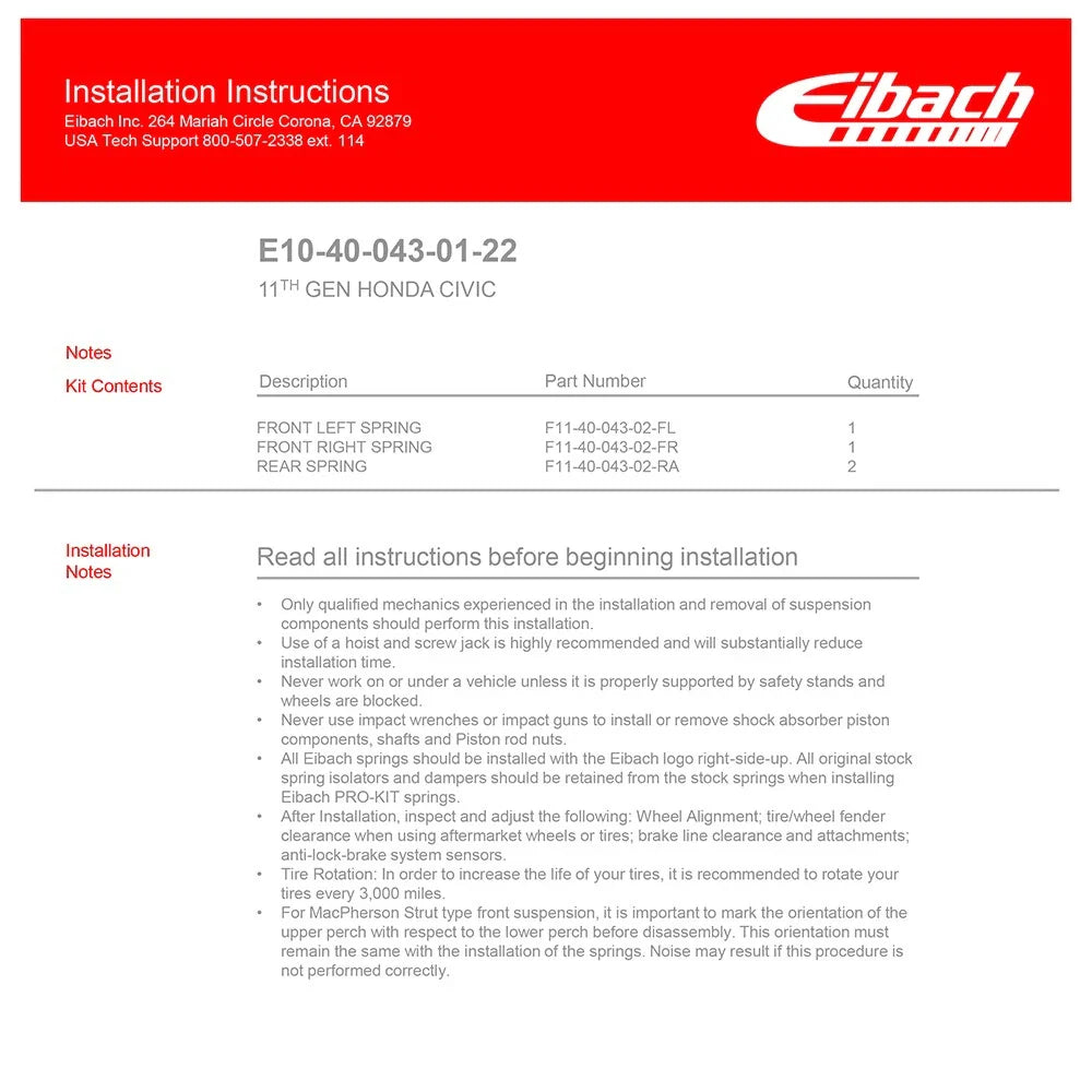 Eibach 22-23 Honda Civic Sport Hatchback 2.0L FWD FE/FL Pro-Kit Performance Springs (Set of 4)