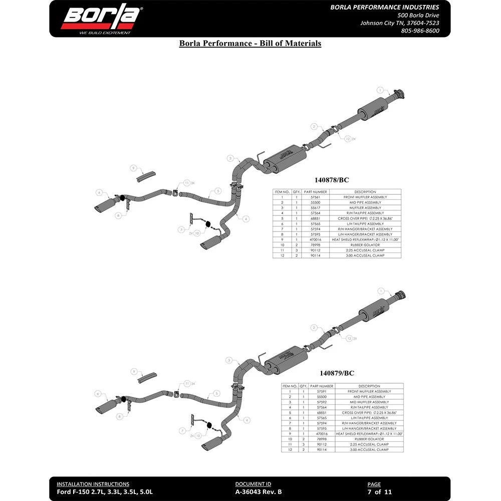 Borla F-150 2021 2.7L/3.5L 4dr CC SB EC STB Lari/King R/Plinum/LTD 3/2.25 SRE CB AK BLK CHR Tips