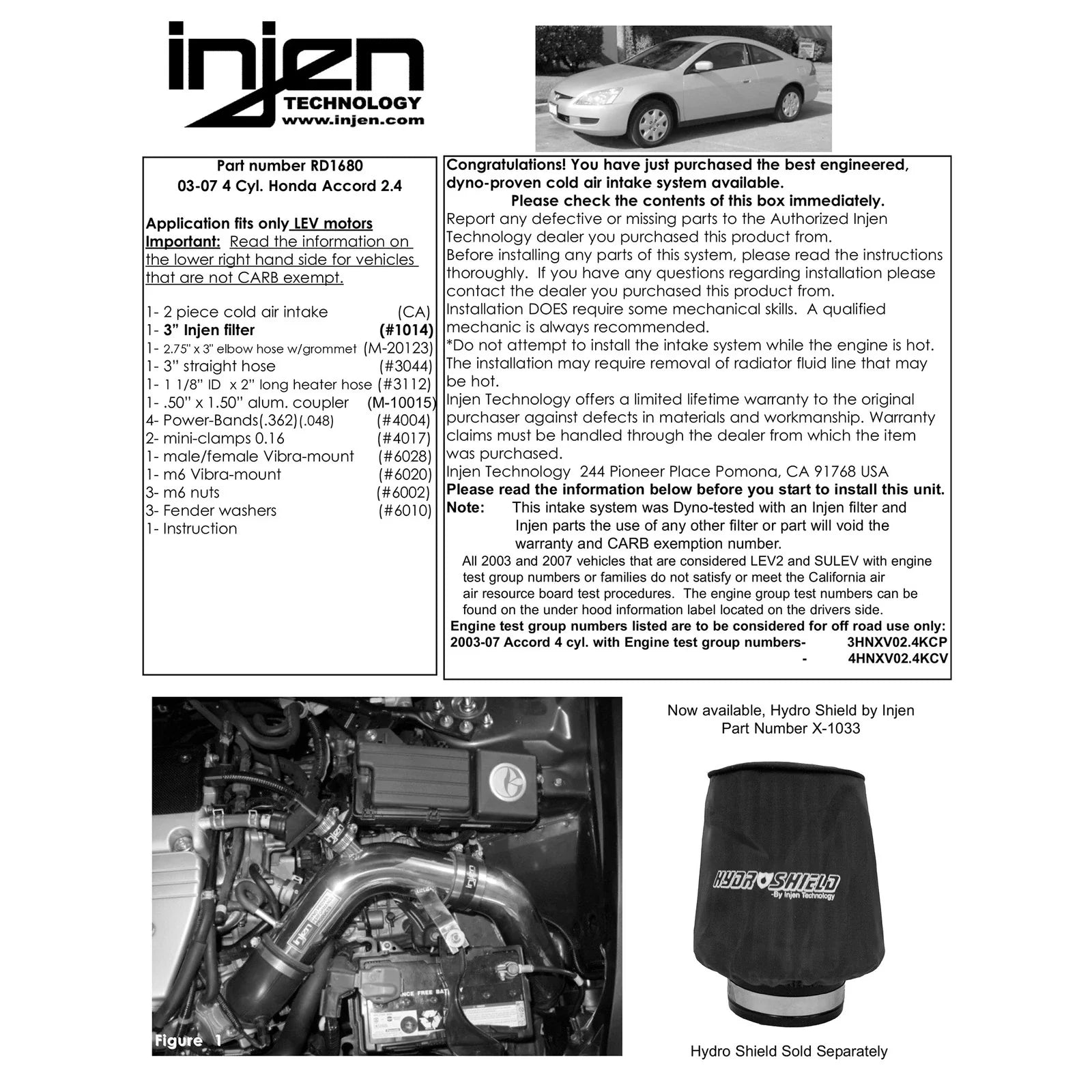 Injen 03-07 Accord 4 Cyl. LEV Motor Only (No MAF Sensor) Black Cold Air Intake