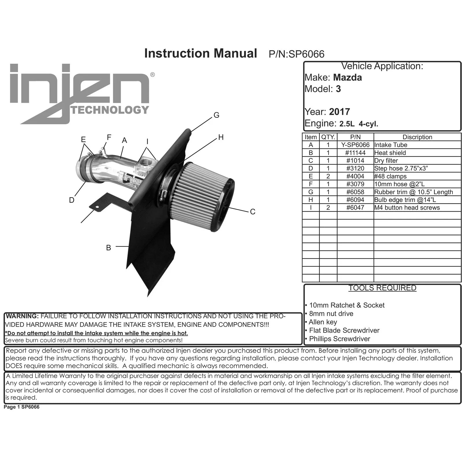 Injen 14-18 Mazda 3 2.5L 4 Cyl Black Short Ram Tuned Intake System w/ MR Technology