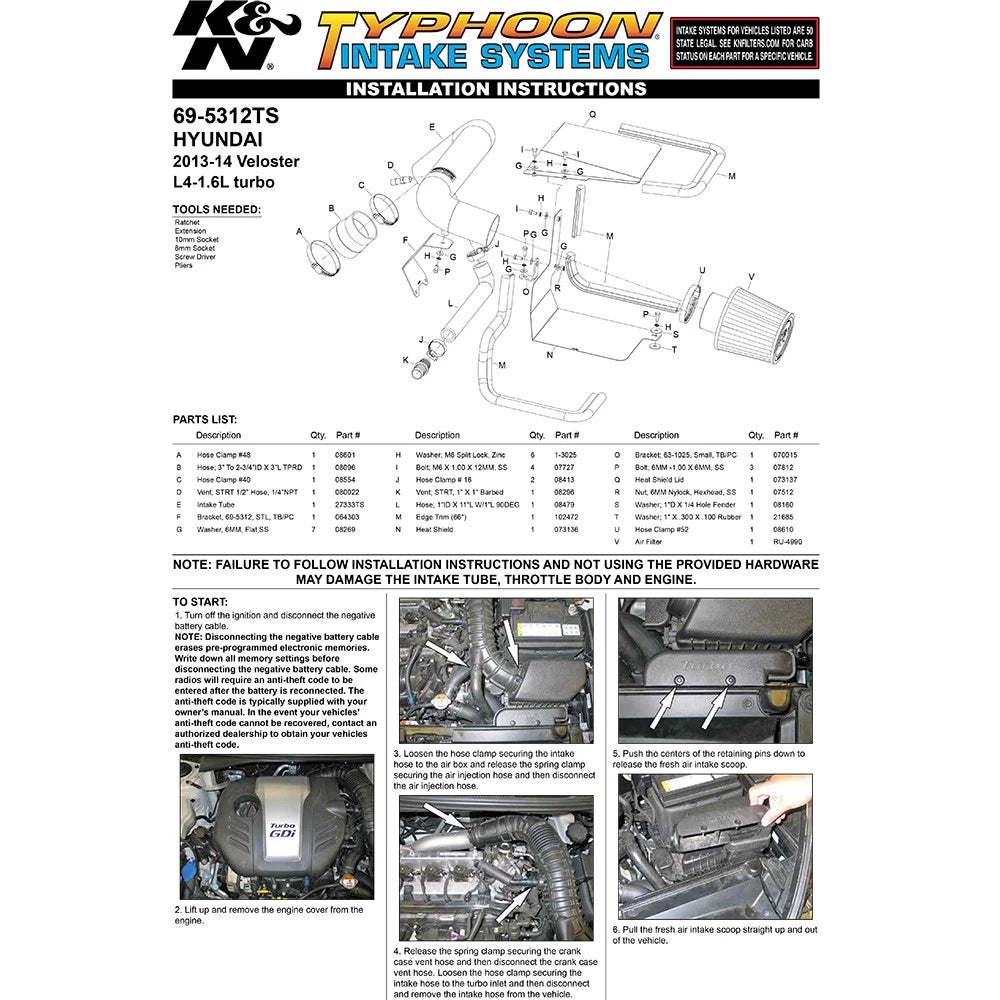K&N 13 Hyundai Veloster Turbo 1.6L Typhoon Performance Intake
