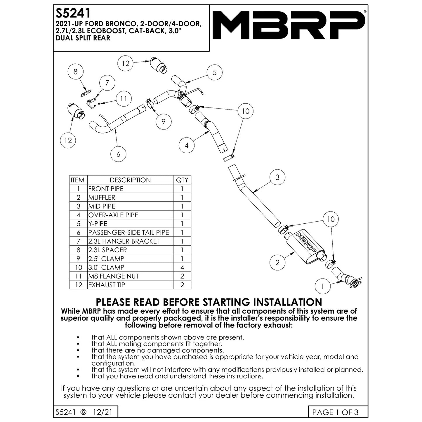 MBRP 21-22 Ford Bronco 2.3/2.7L EcoBoost 2/4-Dr 3in Catback Dual Split Rear Exit Aluminized Steel