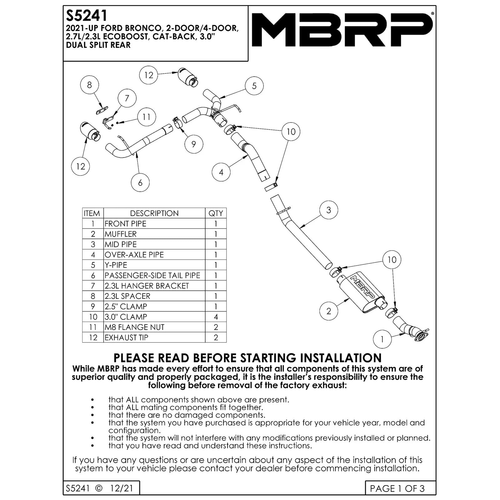 MBRP 21-22 Ford Bronco 2.3/2.7L EcoBoost 2/4-Dr 3in Catback Dual Split Rear Exit Aluminized Steel