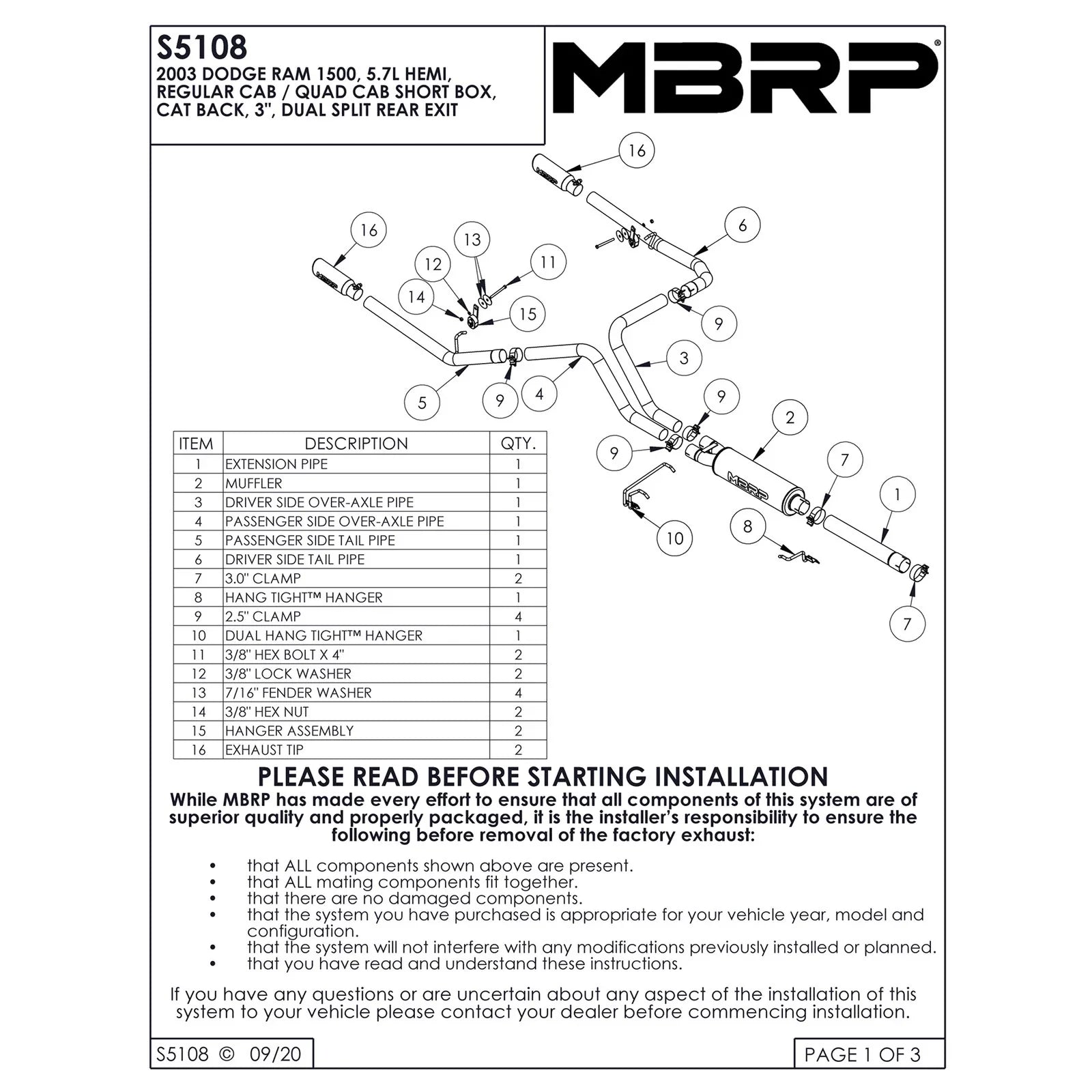 MBRP 2003 Dodge Ram Hemi 1500 5.7L SC/CC-SB Cat Back Dual Split Rear