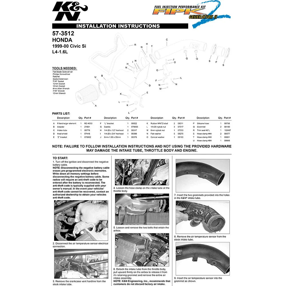 K&N Performance Intake Kit FIPK; HONDA CIVIC SI; 1999-2000