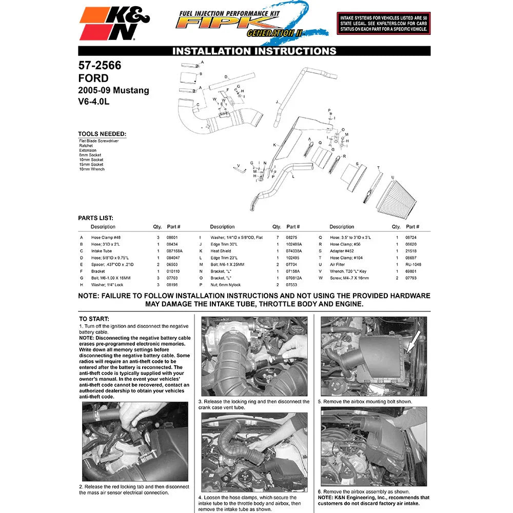 K&N 05-09 Ford Mustang V6-4.0L Performance Intake Kit