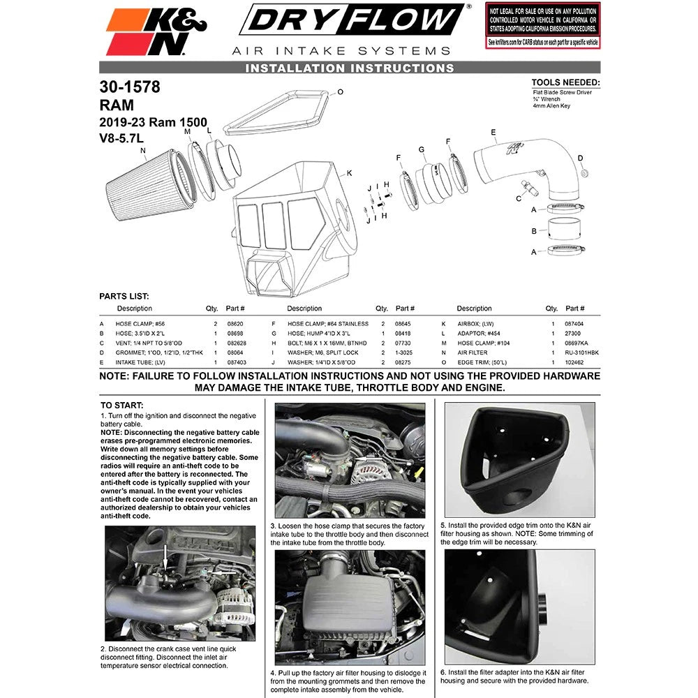 K&N 21-23 Ram 1500 5.7L V8 Performance Air Intake System
