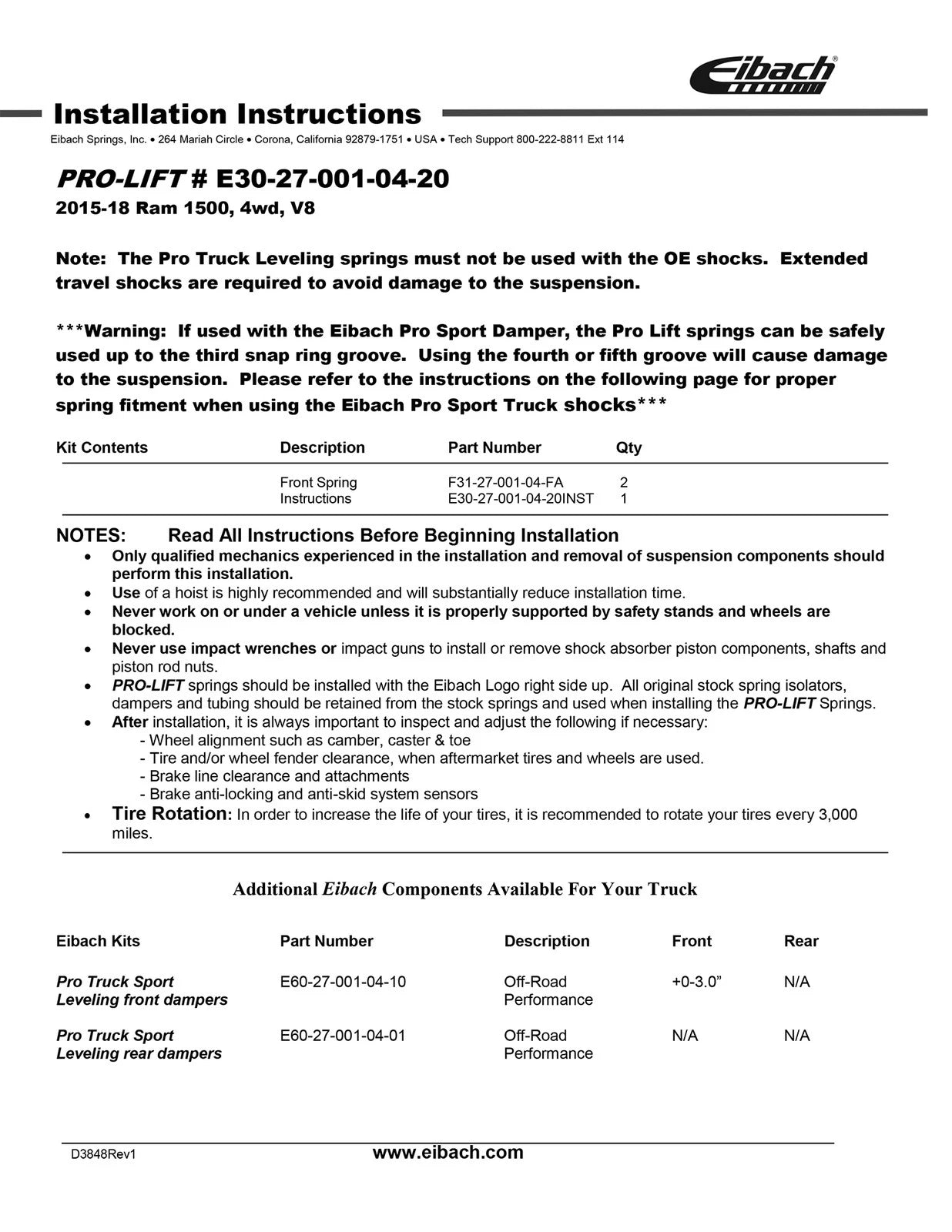 Eibach Pro-Truck Lift Kit for 15-18 RAM 1500 4WD (Front)