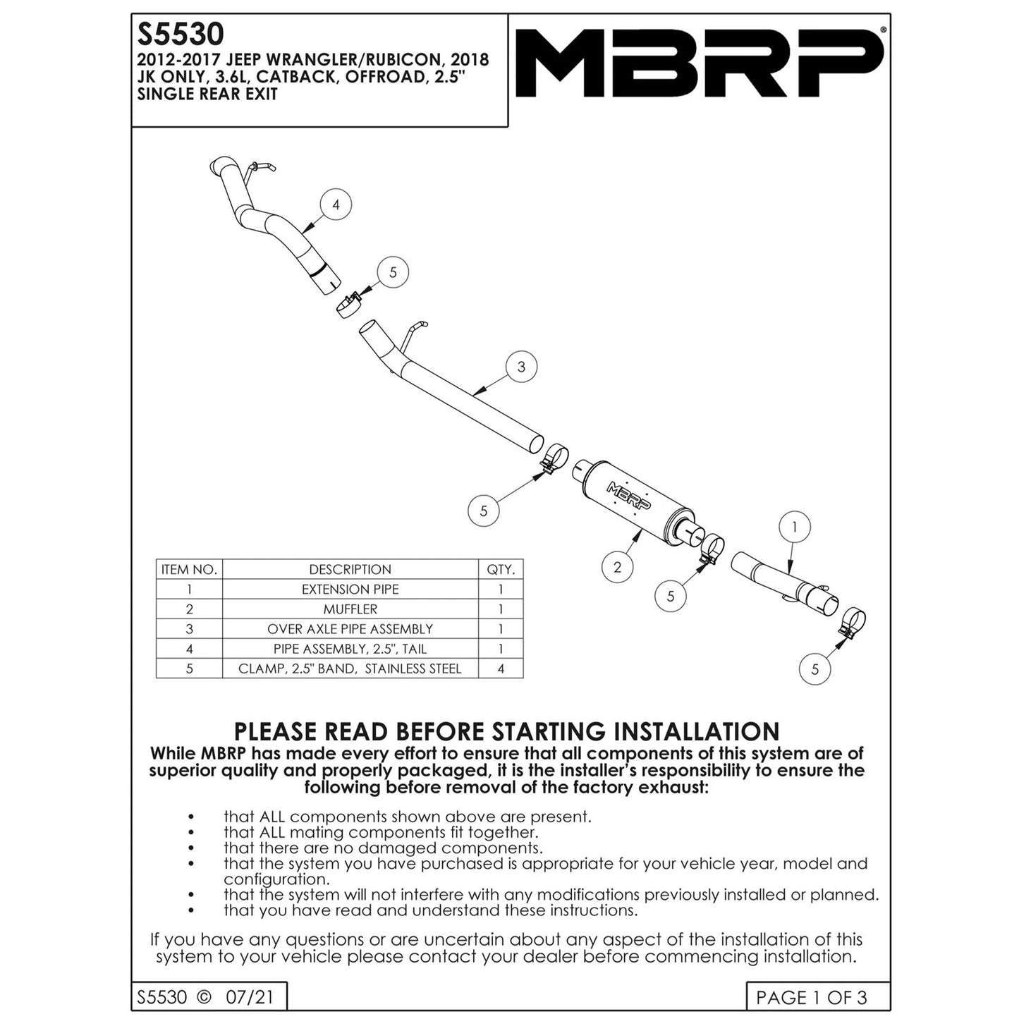 MBRP 12 Jeep Wrangler/Rubicon 3.6L V6 Cat Back Single Rear Exit Off-Road 409 Exhaust