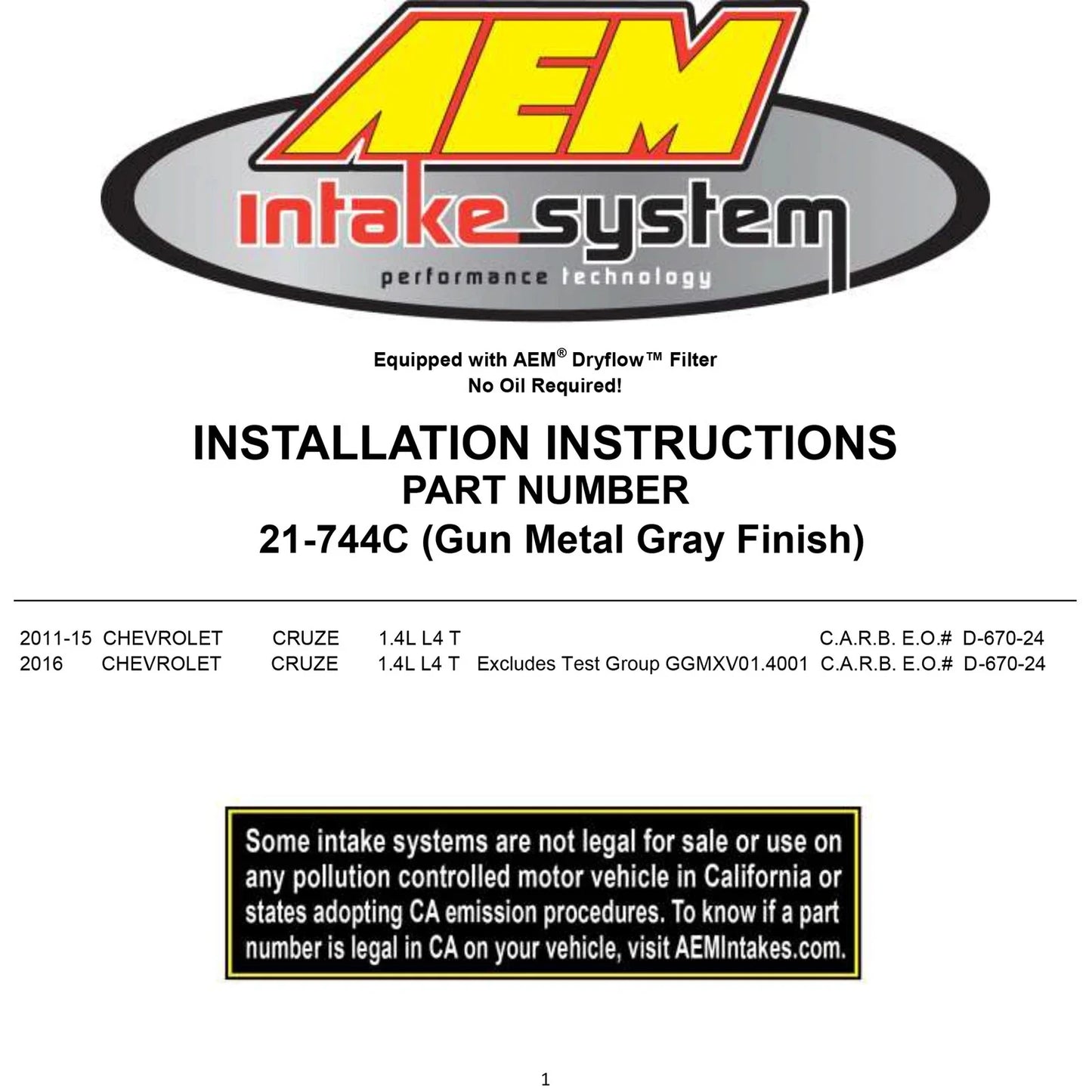AEM 2011-2014 Chevrolet Cruze 1.4L - Cold Air Intake System - Gunmetal Gray