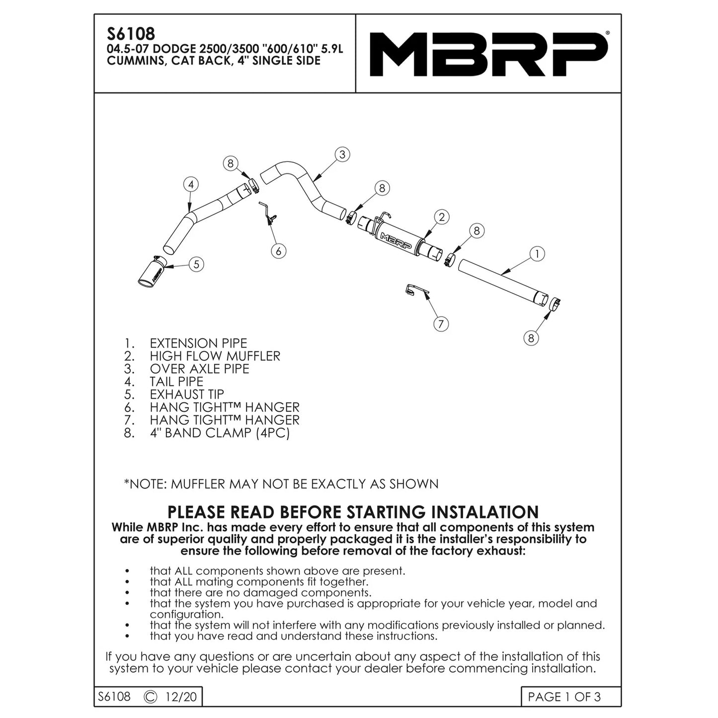 MBRP 2004.5-2007 Dodge 2500/3500 Cummins 600/610 Cat Back Single Side