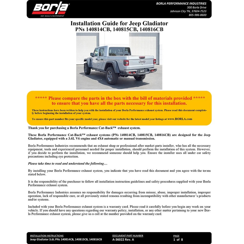 Borla 2020 Jeep Gladiator JT 3.6L V6 AT/MT AWD 2.75-2in Touring Catback Ceramic Blk Tailpipe & Tips