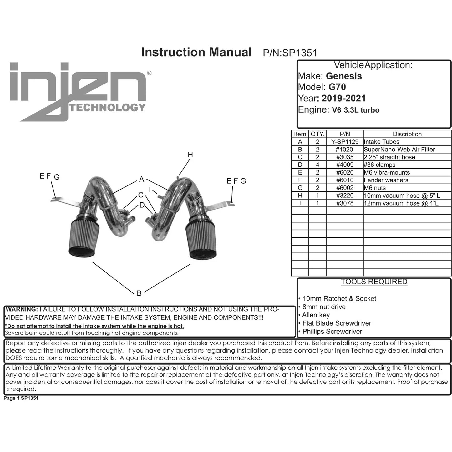 Injen 19-21 Genesis G70 V6-3.3L Twin Turbo SP Short Ram Air Intake System - Wrinkle Black