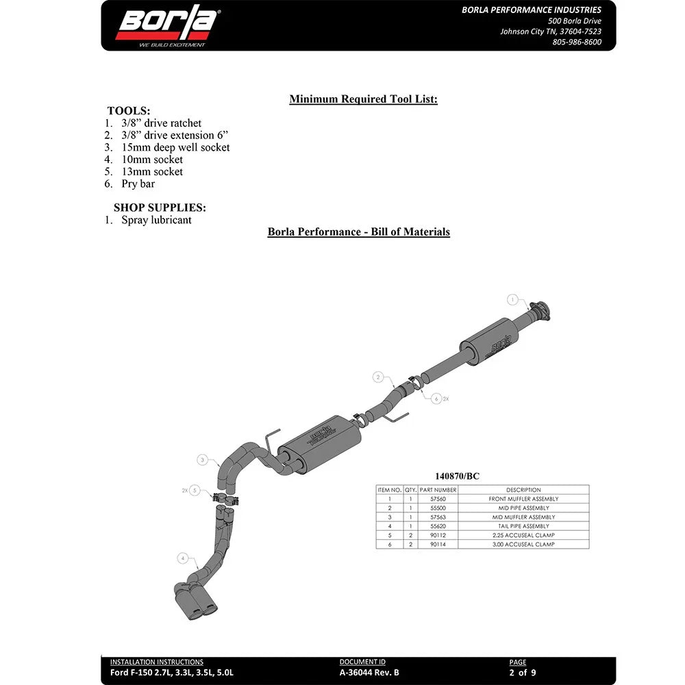 Borla F-150 2021 5.0L 4dr CC SB EC STB Lariat/KR/Platinum/LTD 3/2.25 DSE Cat-Back ATAK CHR Tips