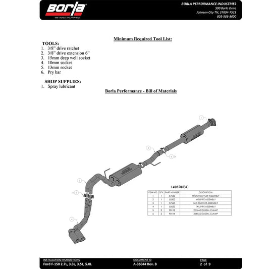 Borla F-150 2021 5.0L 4dr CC SB EC STB Lariat/KR/Platinum/LTD 3/2.25 DSE Cat-Back ATAK CHR Tips