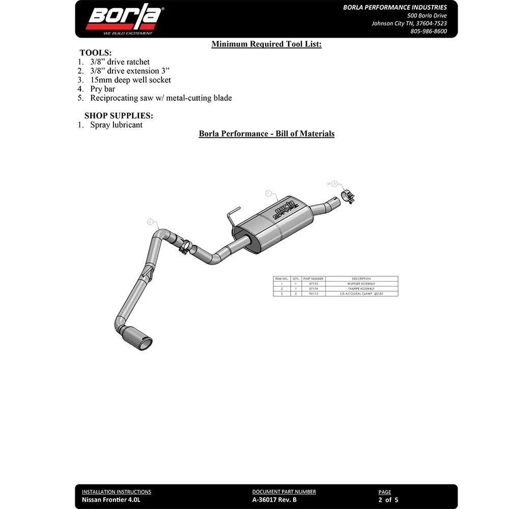 Borla 05-19 Nissan Frontier 4.0L V6 AT/MT Regular Cab S-type Exhaust (2wd/4wd)