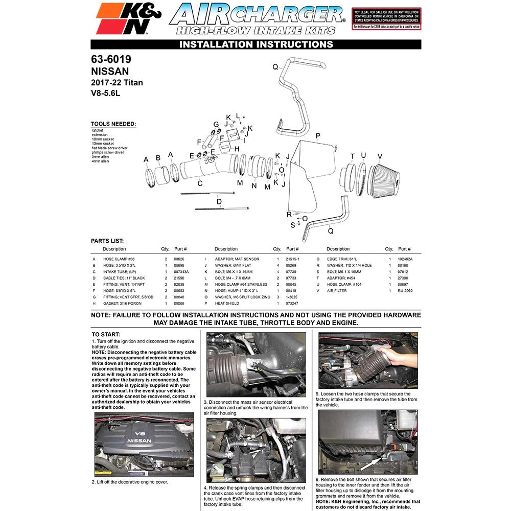 K&N 2017 Nissan Titan V8-5.6L F/I AirCharger Performance Intake