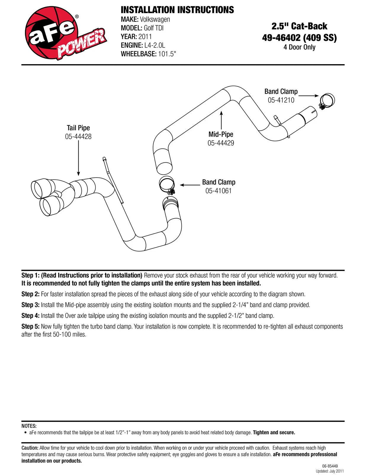 aFe MACHForce XP Exhausts Cat-Back SS-409 EXH CB Volkswagen Golf TDI 11-12 L4-2.0L