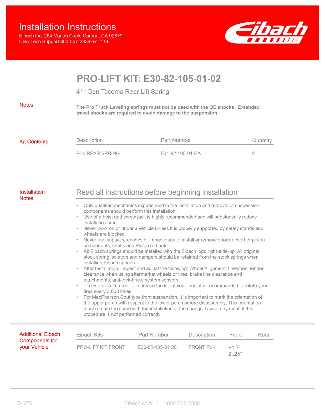 Eibach 24-25 Toyota Tacoma Rear Pro-Lift Spring Kit