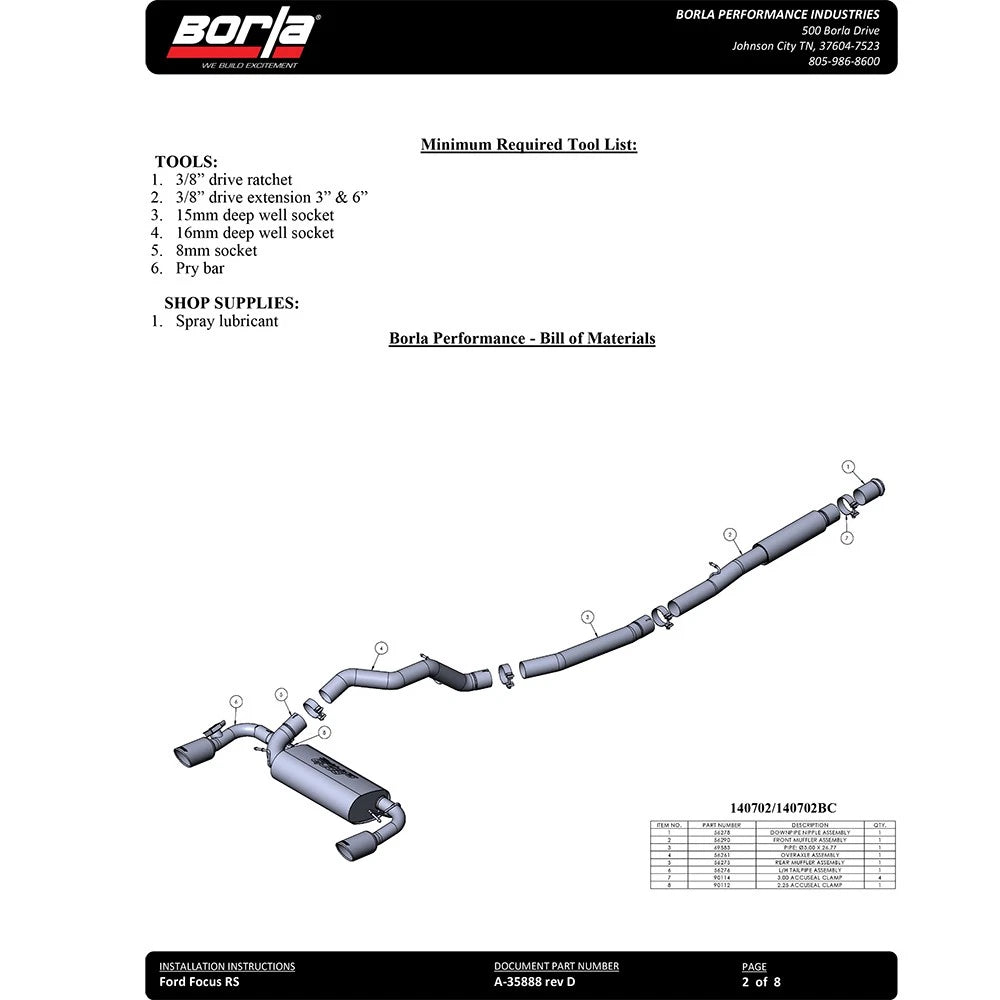Borla 16-18 Ford Focus RS 2.3L MT AWD ATAK Catback Exhaust w/ Black Chrome Tip