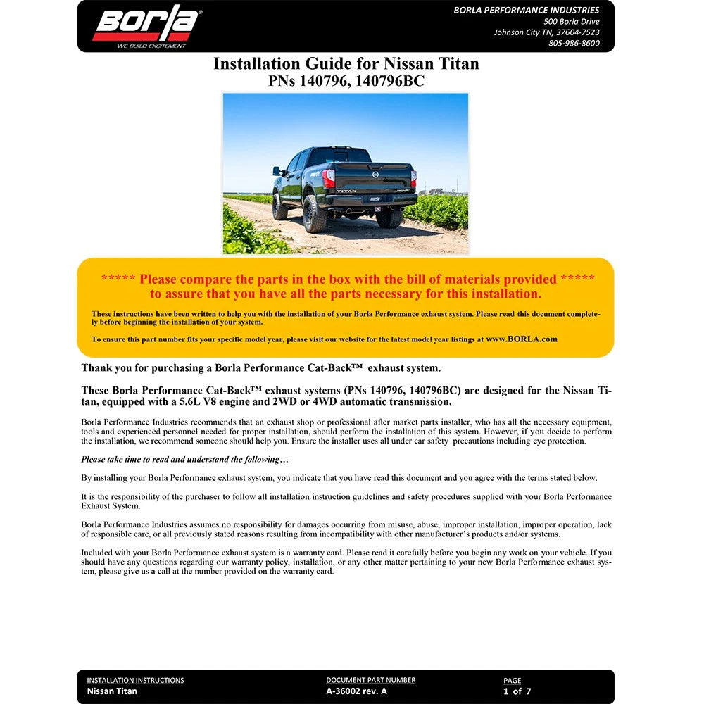Borla 16-19 Nissan Titan 5.6L V8 2WD/4WD S-Type Catback Exhaust