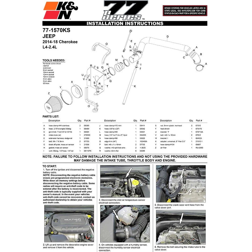 K&N 14-15 Jeep Cherokee 2.4L L4 High Flow Performance Intake Kit