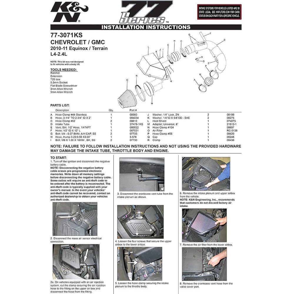 K&N 10 GMC Terrain / 10 Chevy Equinox 2.4L-L4 Silver High Flow Performance Kit