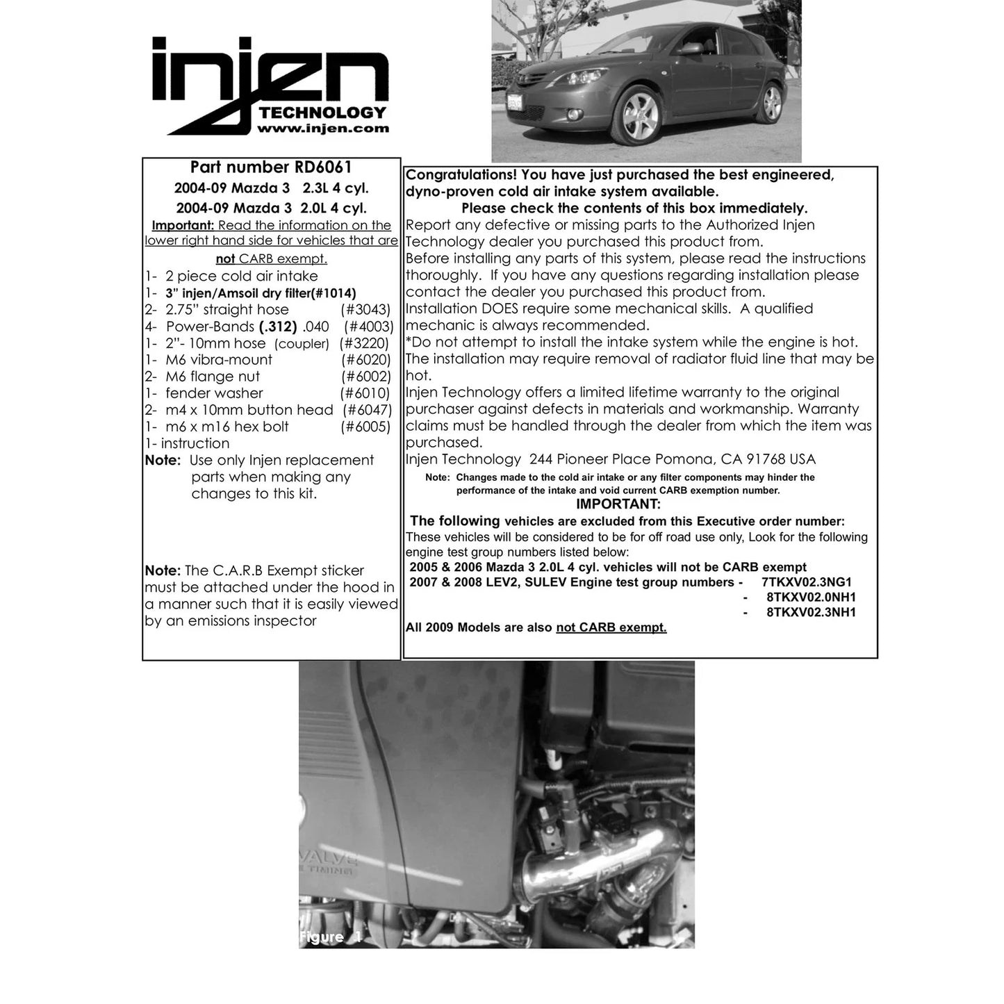 Injen 04-09 Mazda 3 2.0L 2.3L 4cyl (Carb for 2004 Only) Black Cold Air Intake **Special Order**