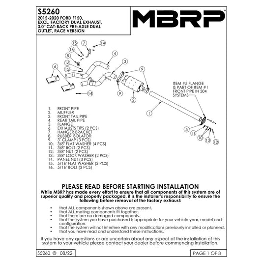 MBRP 15-16 Ford F-150 2.7L/3.5L/5.0L 3in Cat Back Single Side Pre-Axle Dual Exit Black Coated