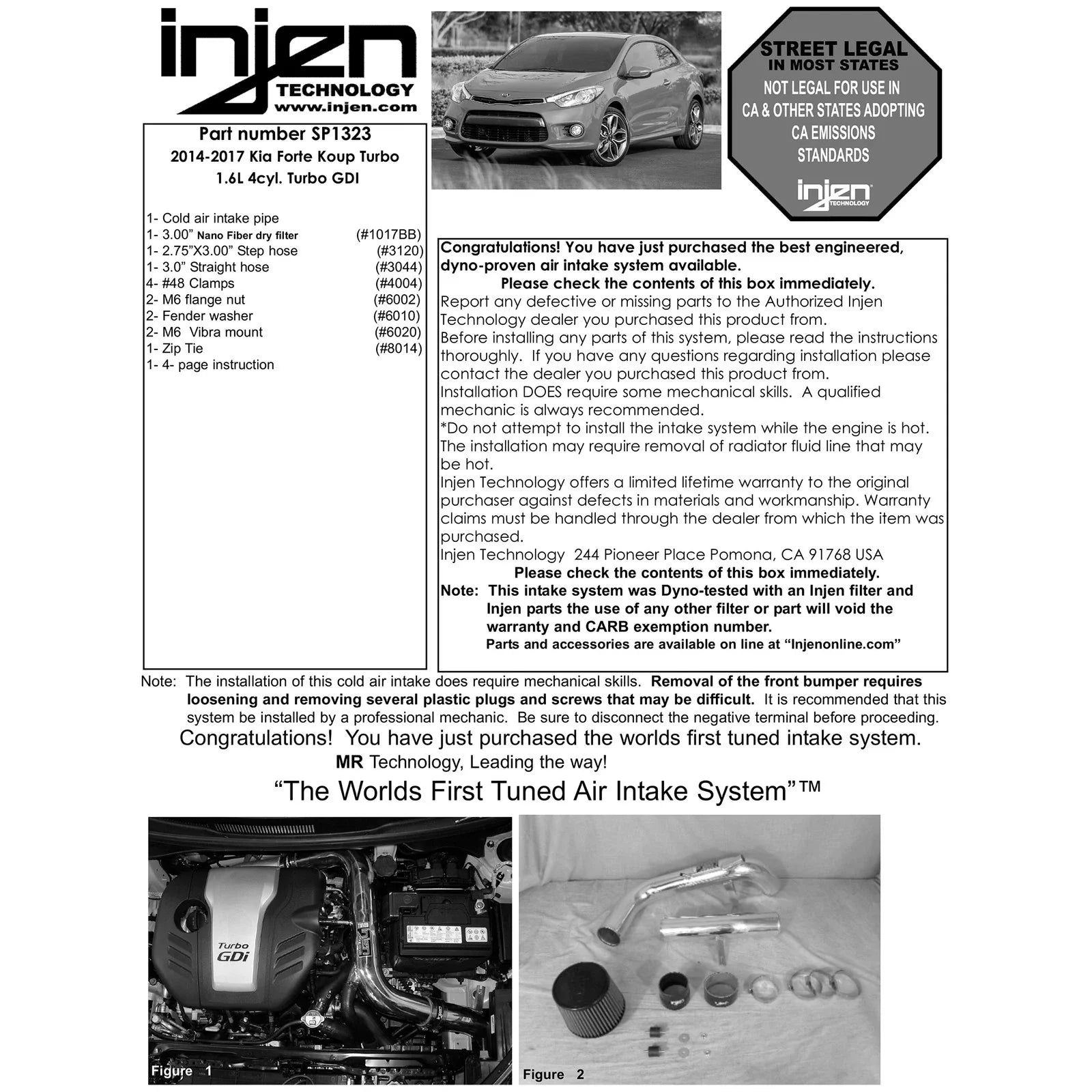 Injen 2014 Kia Forte Koup 1.6L Turbo 4Cyl Polished Cold Air Intake (Converts to Short Ram Intake)