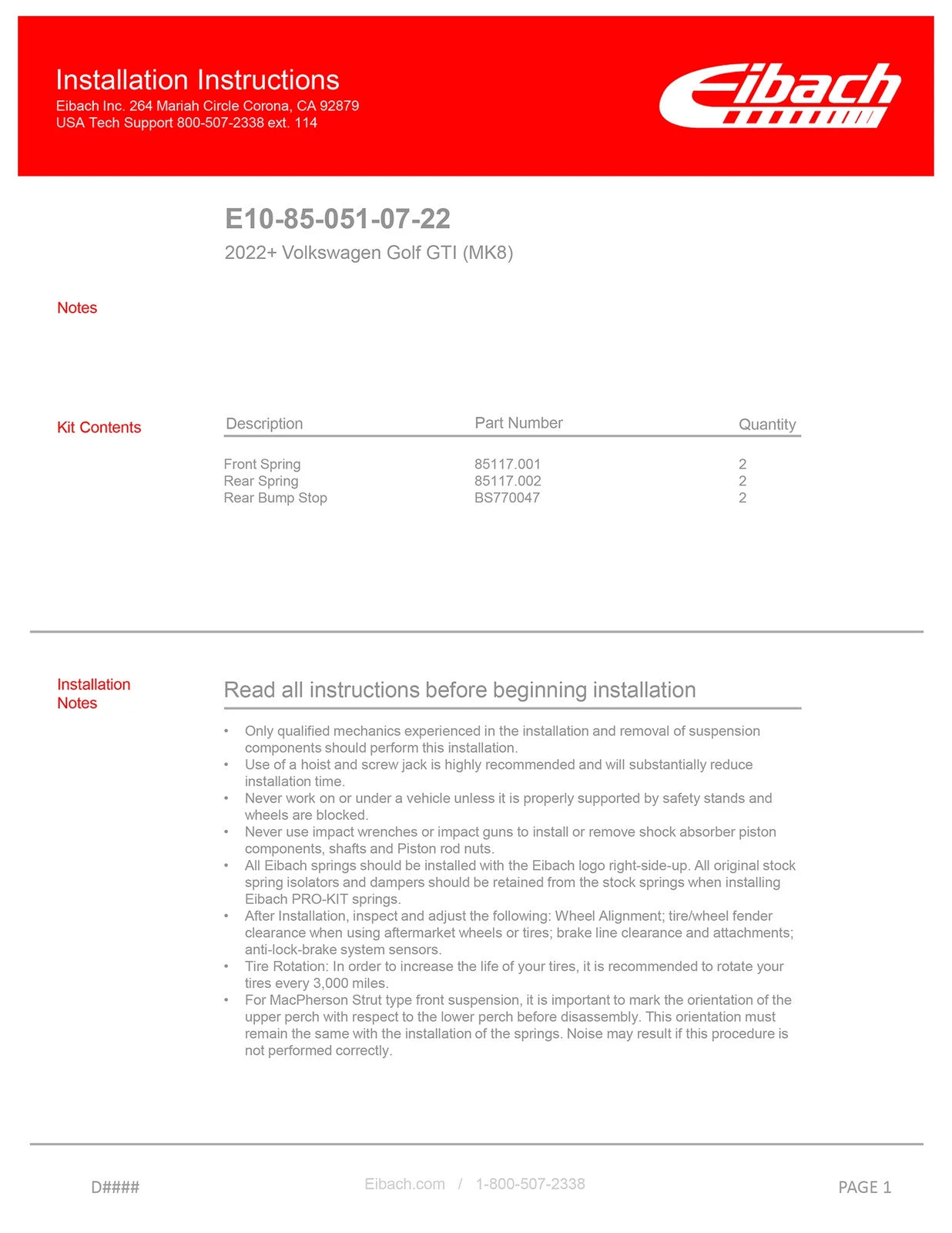 Eibach Pro-Kit for 2022 Volkswagen MK8 GTI