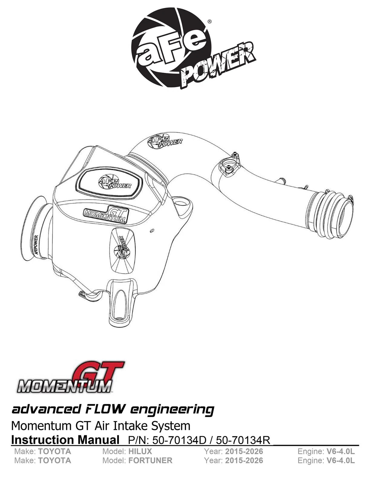aFe Toyota Hilux 15-25 V6-4.0L Momentum GT Cold Air Intake System w/ Pro DRY S Filter