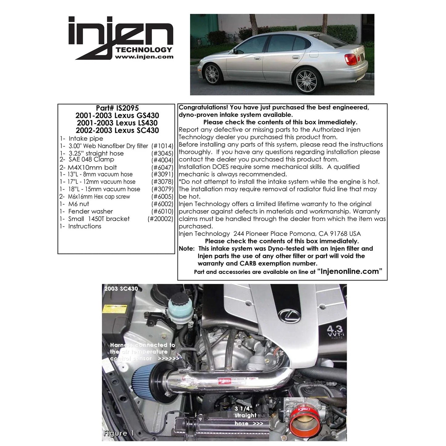 Injen 01-03 LS430 GS430 SC430 Polished Short Ram Intake