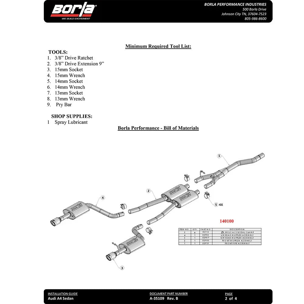 Borla Cat Back system for 02-08 Audi A4 Quattro 2.0L 4cyl