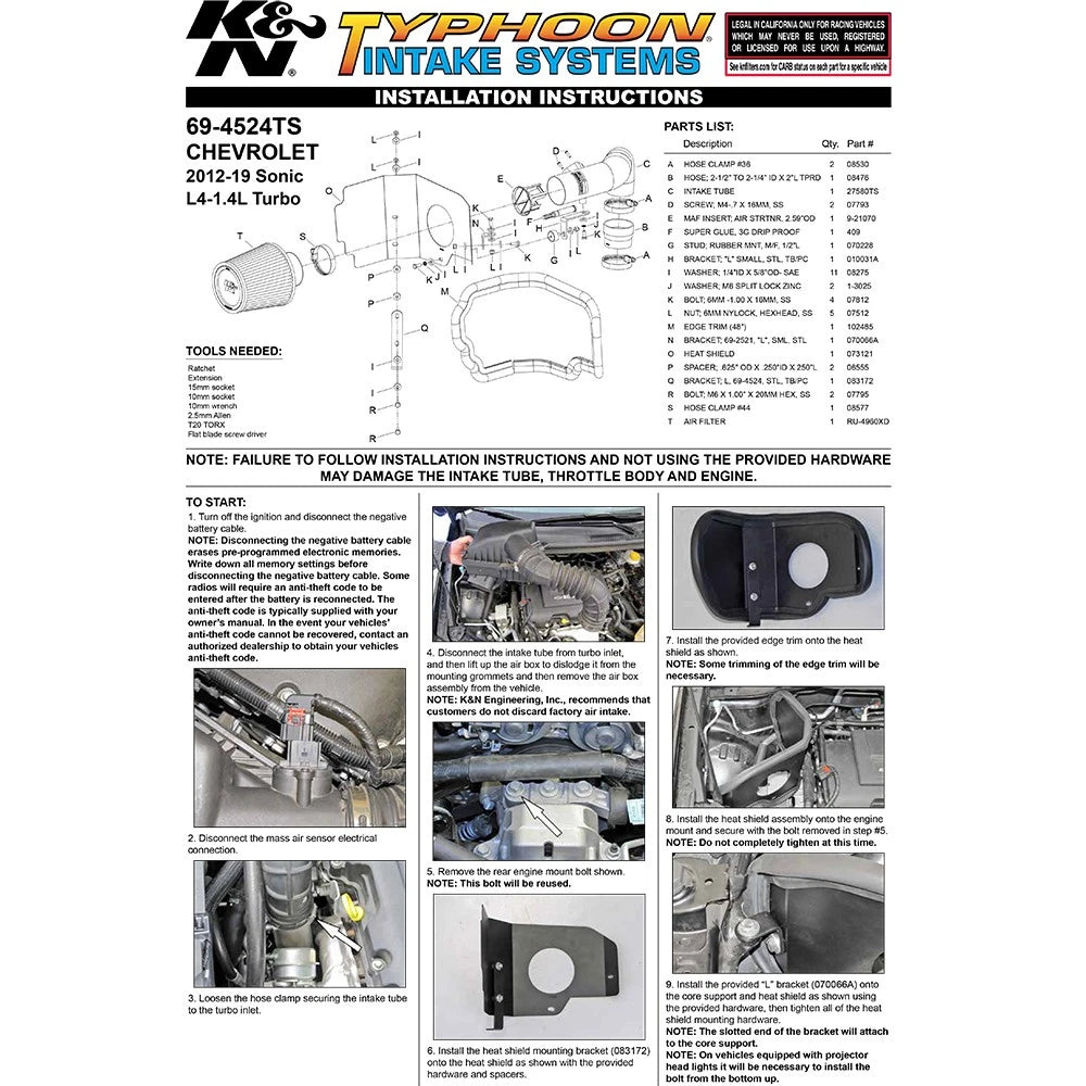 K&N 12 Chevy Sonic 1.4L Silver Typhoon Performance Intake