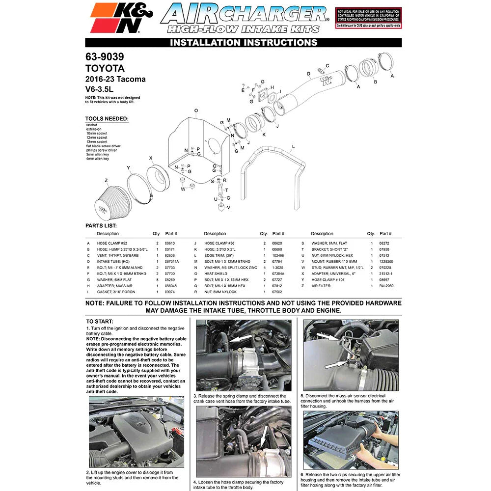 K&N 2016 Toyota Tacoma V6 3.5L AirCharger Performance Intake