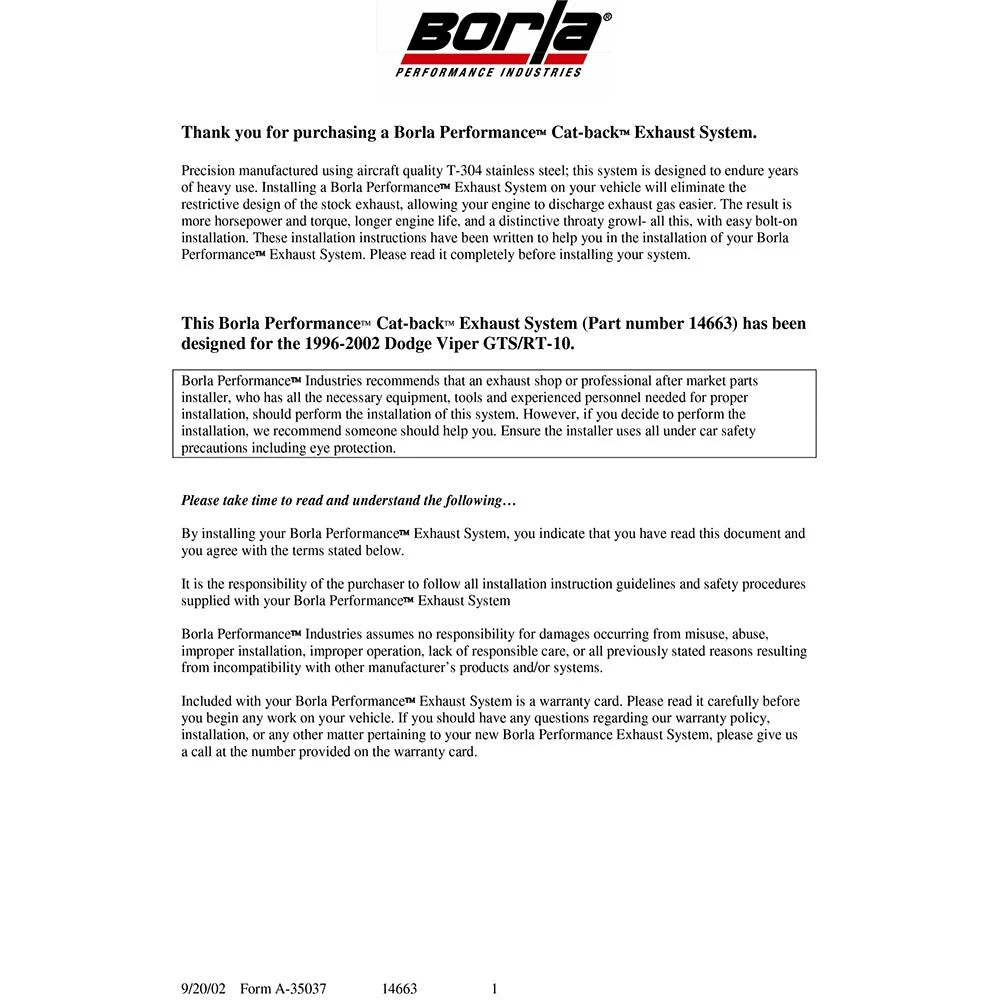 Borla 96-02 Viper GTS/R/T-10 Coupe/Convertible 2dr w/ 2.5in Inlets SS Catback Exhaust System
