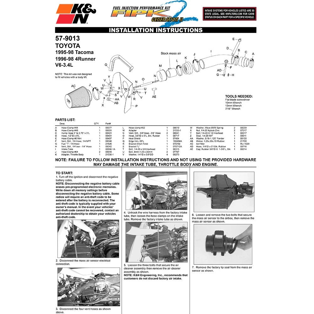 K&N 95-98 Toyota Tacoma/4Runner V6-3.4L Performance Air Intake Kit