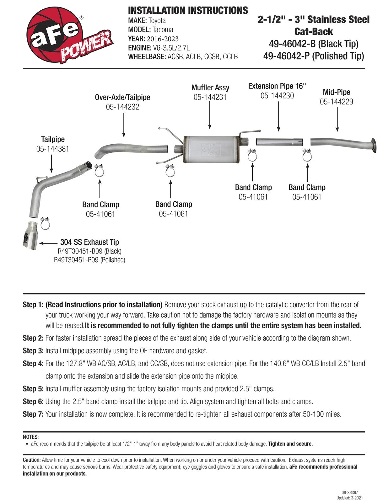 aFe MACH Force-Xp 2-1/2in 304 SS Cat-Back Exhaust w/Black Tips 2016+ Toyota Tacoma L4-2.7L / V6-3.5L