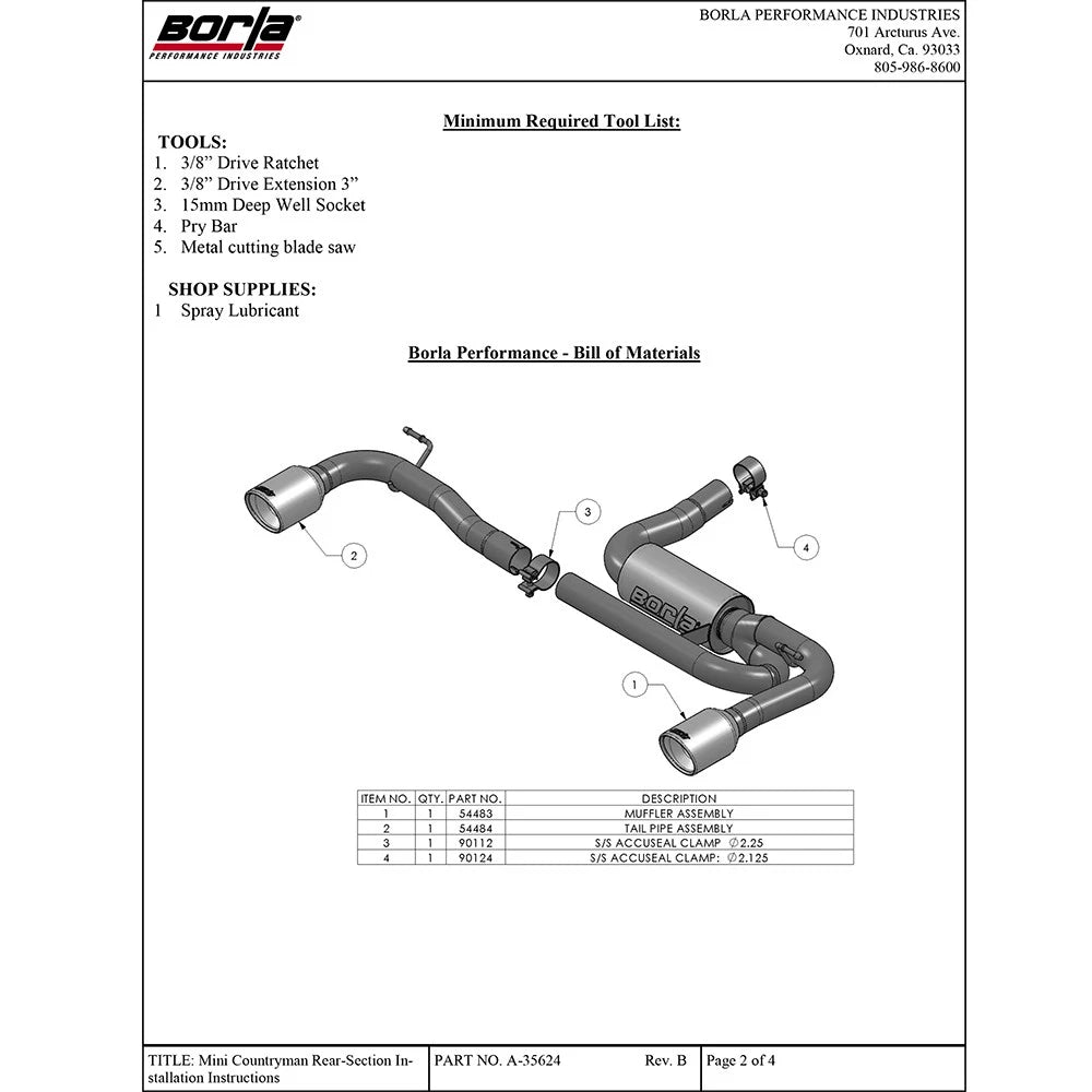 Borla 11-12 Mini Cooper Countryman S 1.6L 4 cyl SS Exhaust (REAR SECTION ONLY)