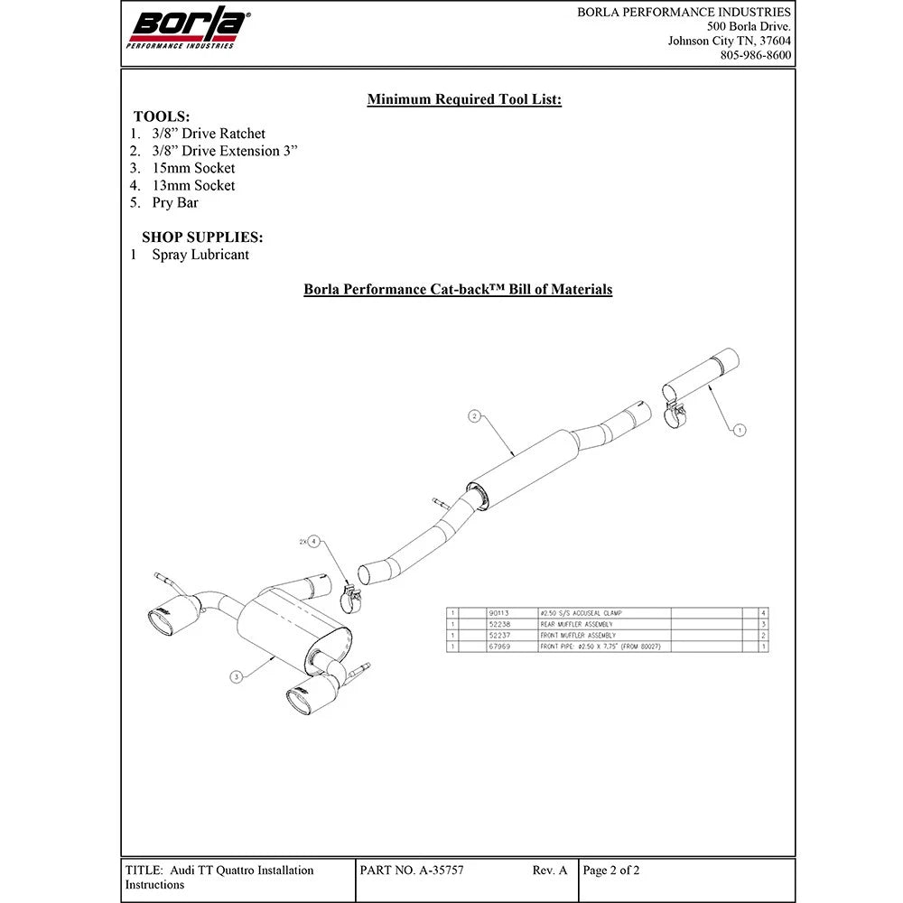 Borla 01-06 Audi TT Quattro 1.8T 225HP MT AWD 2dr Single Split Rear Exit SS Catback Exhaust