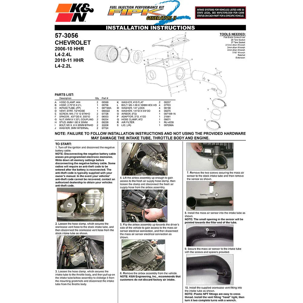 K&N 06 Chevrolet HHR L4-2.4L Performance Intake Kit