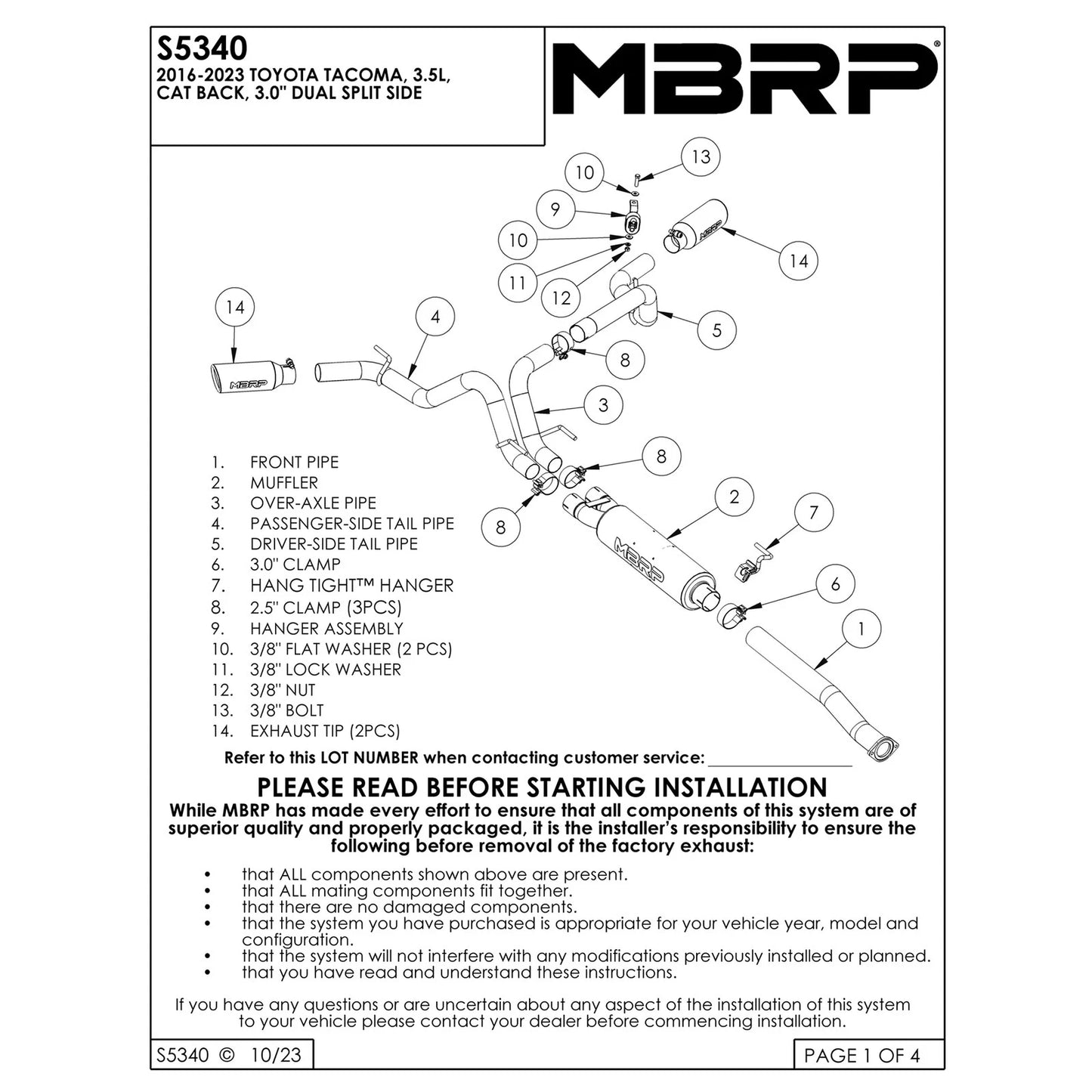 MBRP 2016 Toyota Tacoma 3.5L EC/CC Cat Back Dual Split Exit T409 Exhaust
