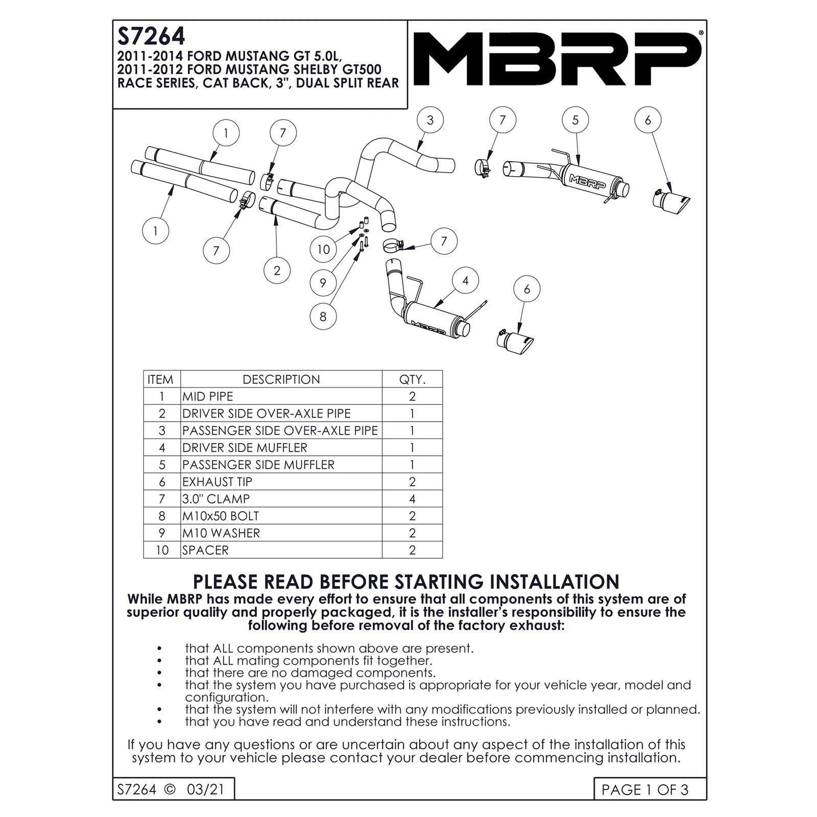 MBRP 11-14 Ford Mustang GT 5.0L Dual Split Rear Race Version T409 3in Cat Back Exhaust System