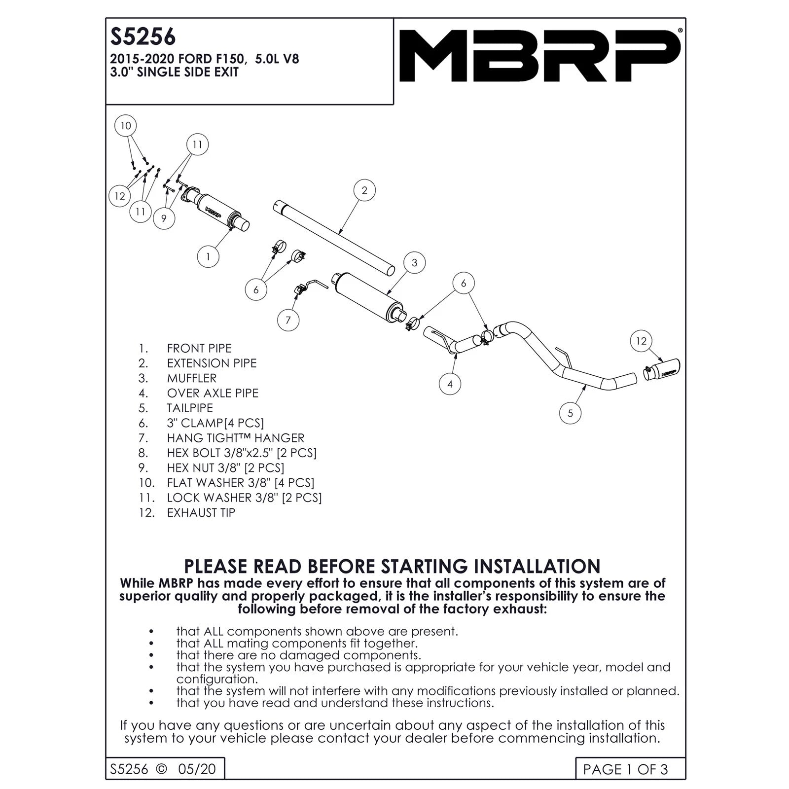 MBRP 2015 Ford F-150 5.0L 3in Cat Back Single Side Exit T409 Exhaust System