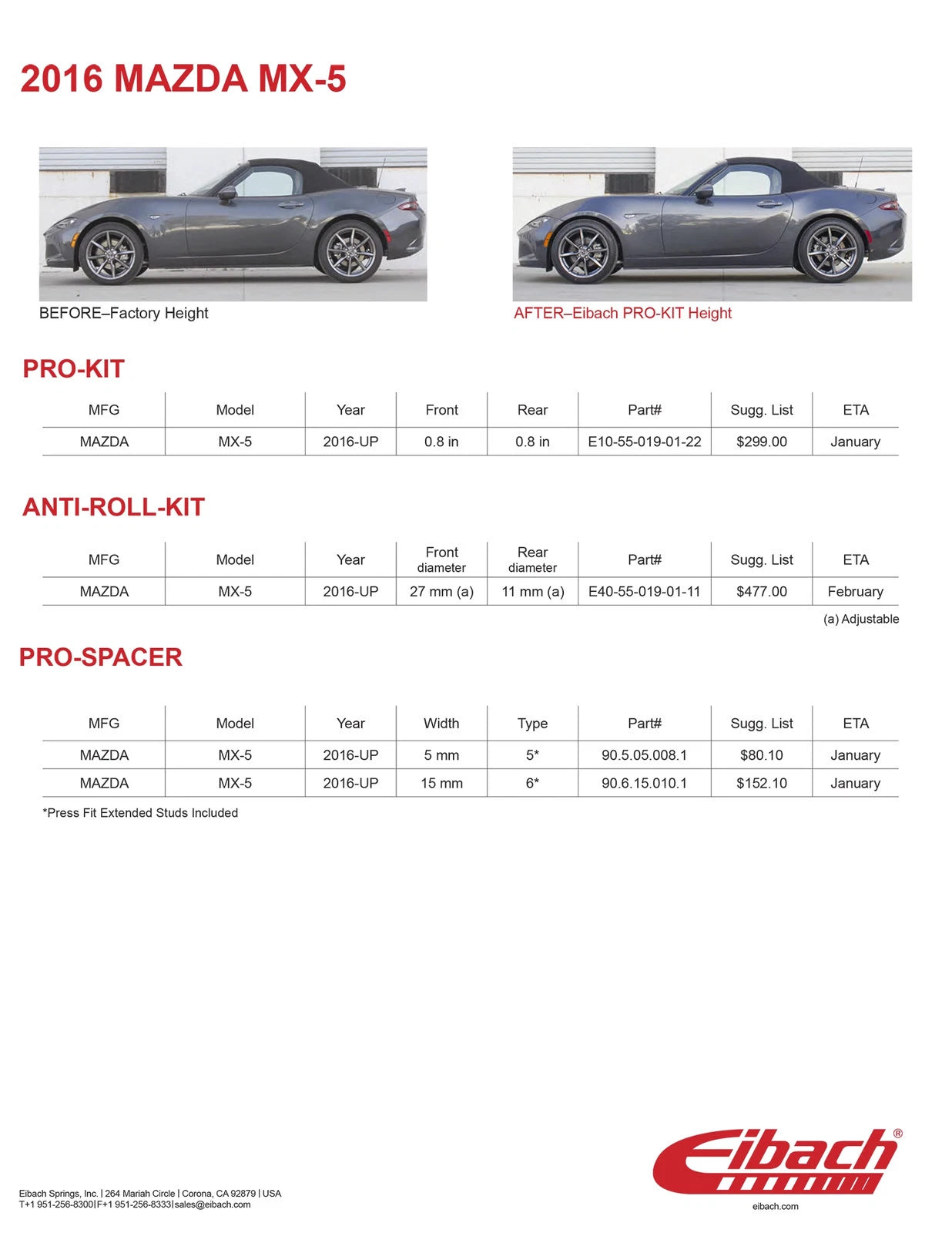 Eibach Pro-Kit for 2016 Mazda MX-5