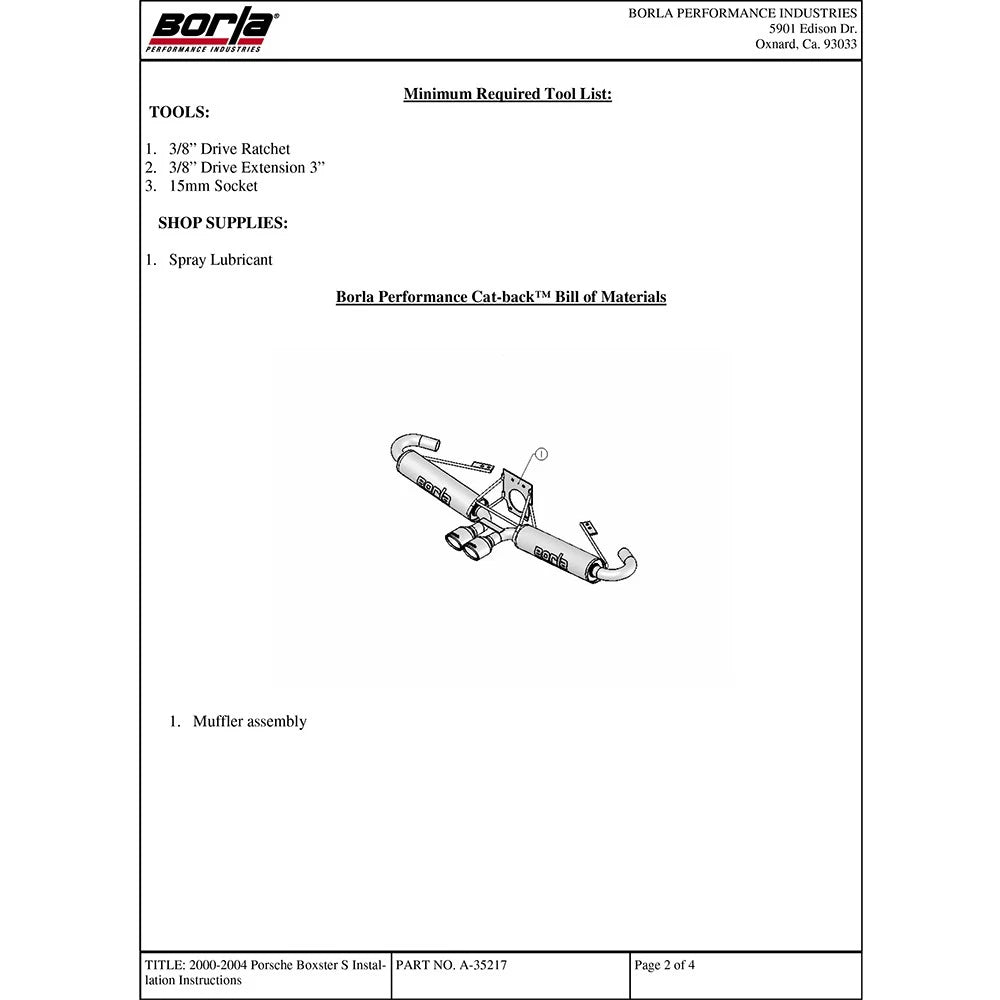 Borla 00-04 Porsche Boxster 3.2L 6cyl MT SS Catback Exhaust
