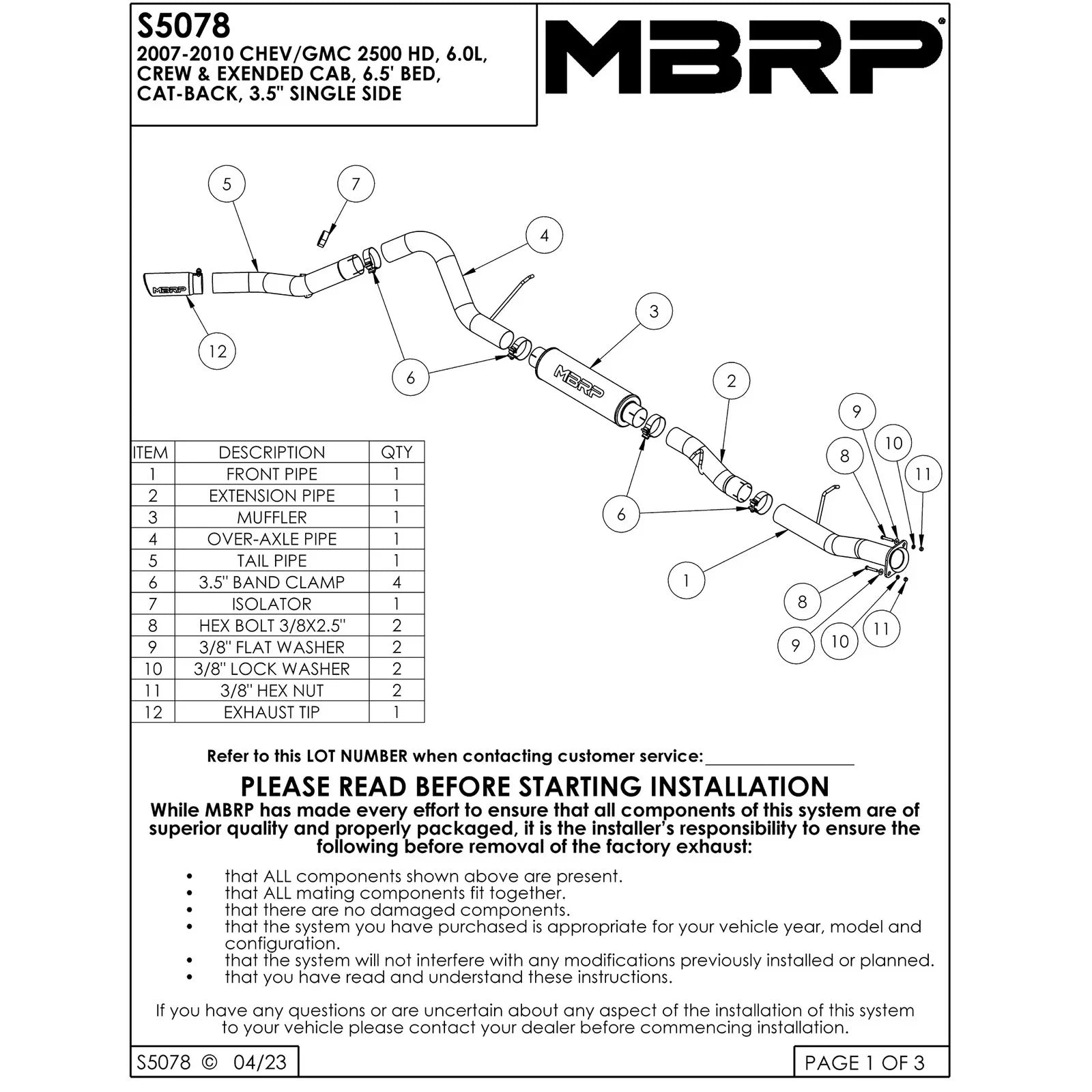MBRP 07-10 Chevy/GMC 2500HD PU 6.0L V8 3.5in Single Side Exit Alum Cat Back Perf Exhaust